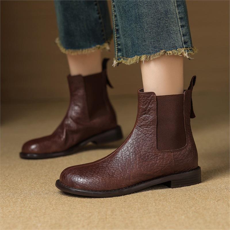 Kurzstiefel Damen Frühling und Herbst Einzelstiefel weiche Sohle runde Spitze niedriger Absatz flache Stiefel dicker Absatz mittlerer Absatz Gummizug Samt Chelsea Boots