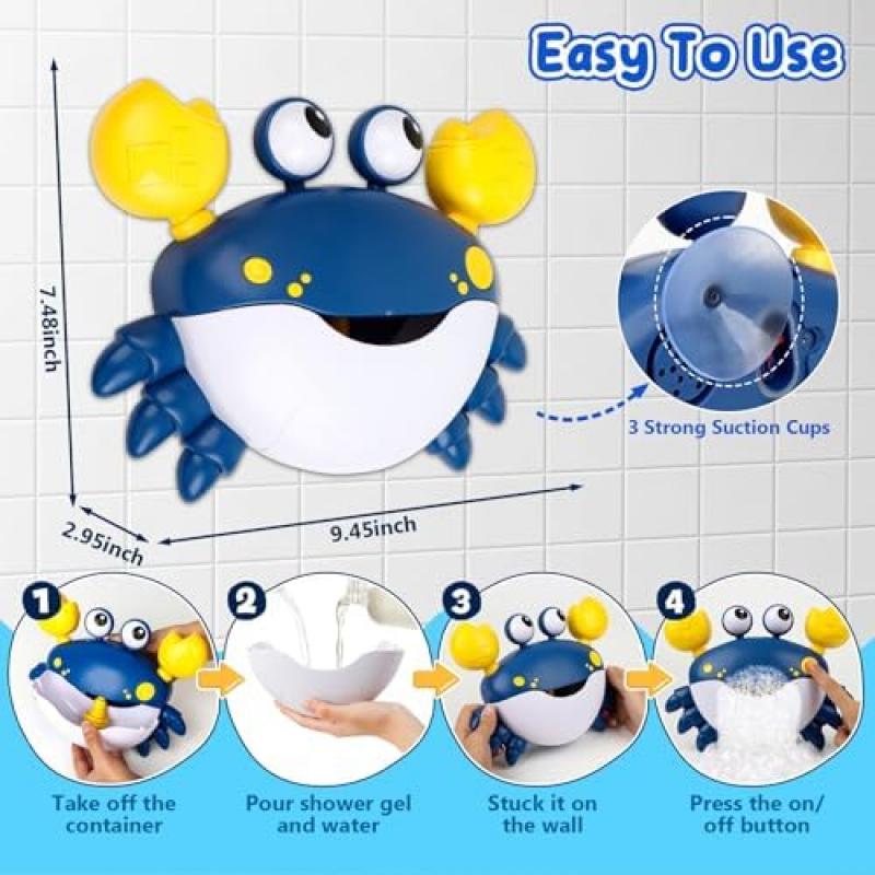 JoiTale Rechargeable Bubble Machine Bath Toys for Toddlers 1-4 Years, Crab Bath Toys with 12 Songs, Bathtub Toys for Boys and Girls