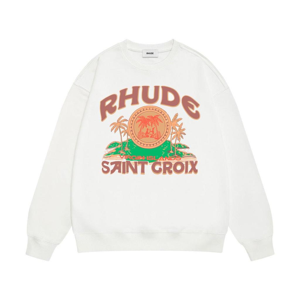 New Men's RHUDE Letter Print Loose Terry Round Neck Hoodie