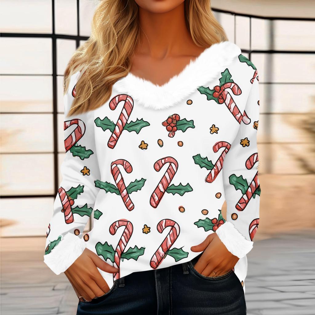 Women's Casual Fashion Long Sleeve Christmas Printed Flannel Collar Top