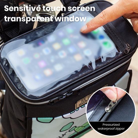 Bike Handlebar Bag Waterproof Large Capacity Cartoon Pattern Zipper Closure Double Layer Bike Front Bag Electric Bicycle Handlebar Frame Bag