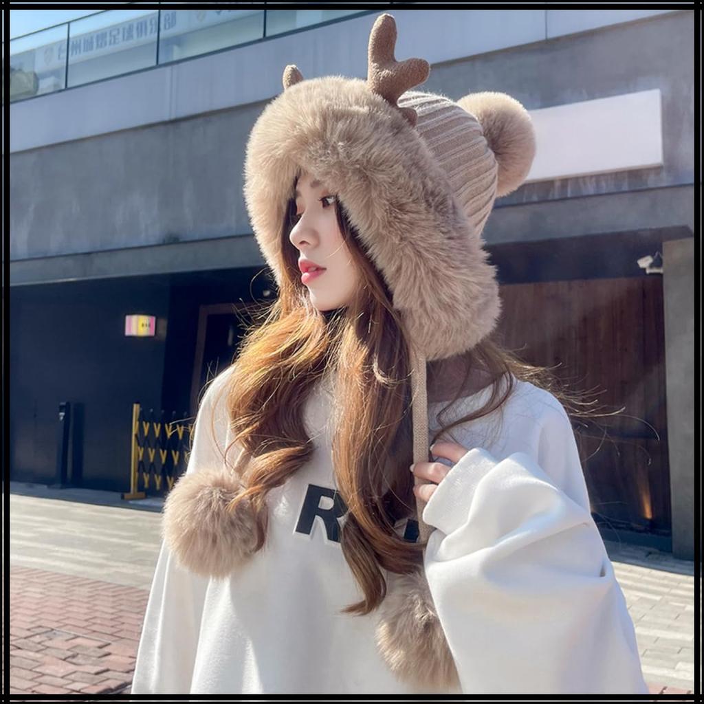 With Cute Animal Casual CZ383 [White Fang] Hat, Deer, Reindeer, Ears, Costume, Autumn/Winter, Women's (Gray)