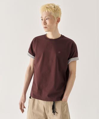 KIIMUIR [Crop] Contrast Roll-Up Crop Short Sleeve T-Shirt_Burgundy