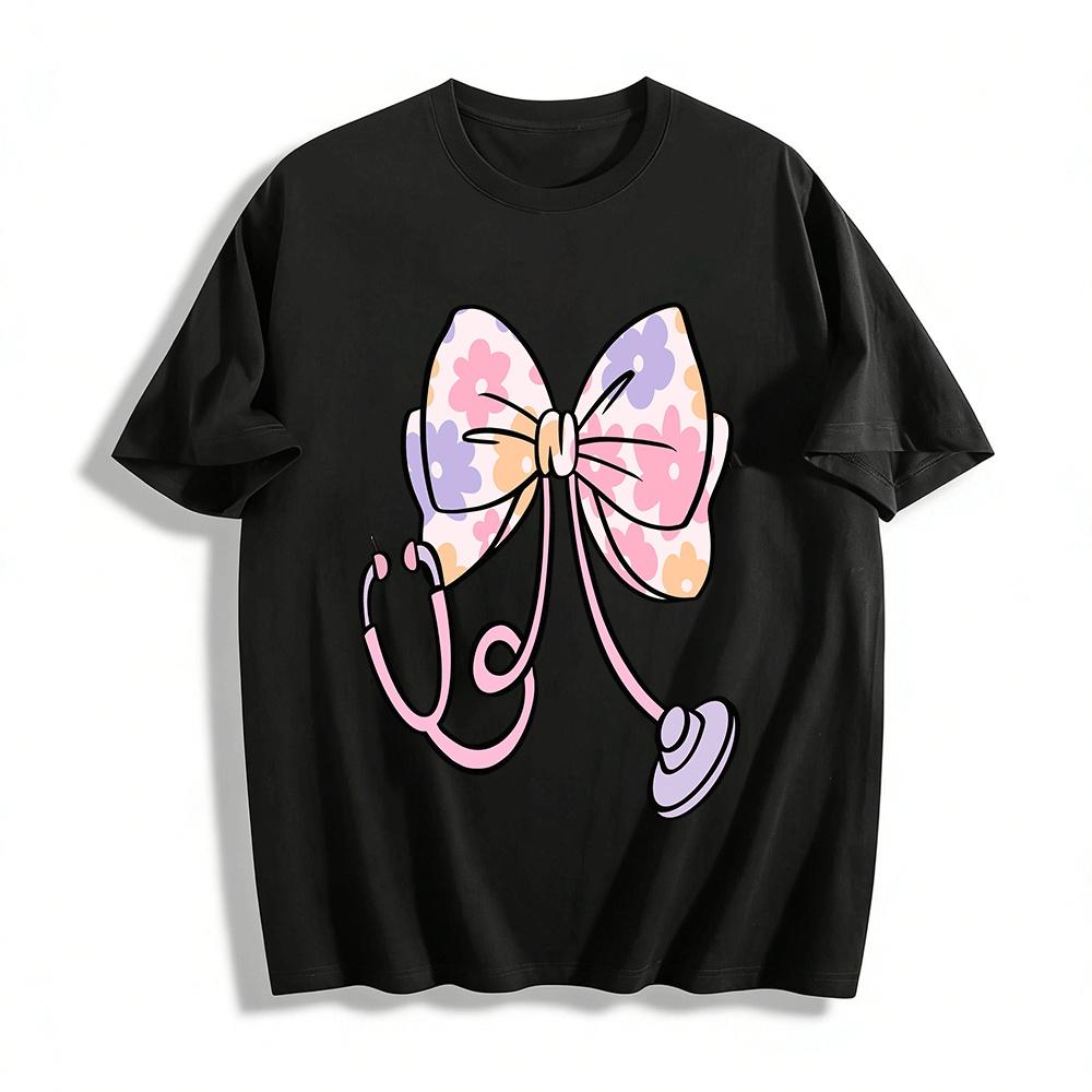 Floral Stethoscope Bow Print Kids Casual Top Pure cotton T-shirt XXS