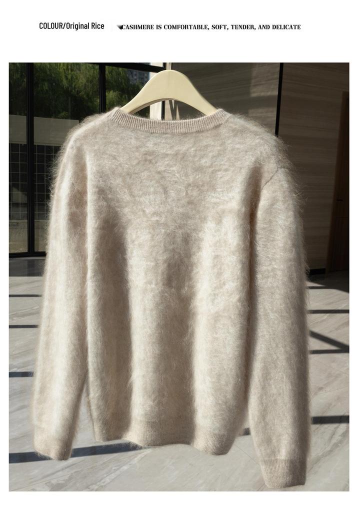 Women's 100% Pure Goat Cashmere Flocked Round Neck Sweater - Long Sleeve Solid Color Pullover
