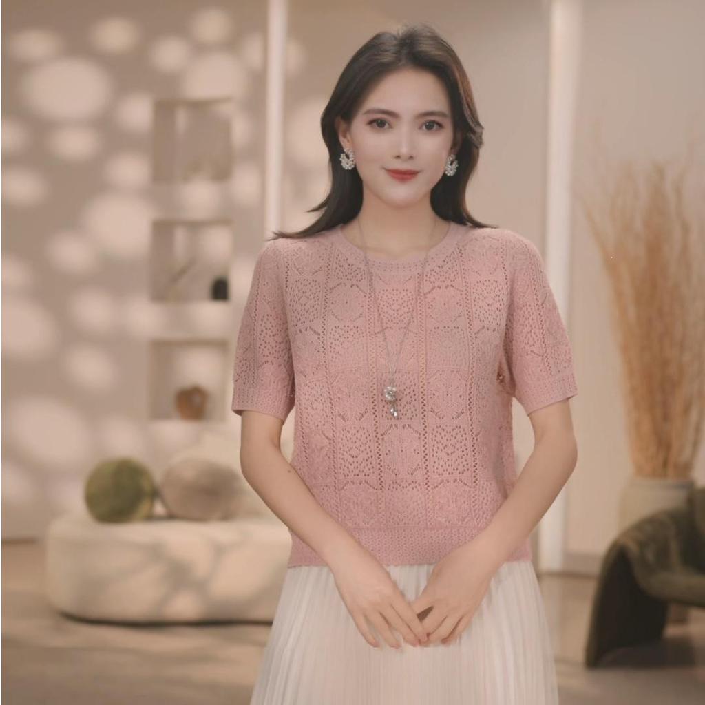 Summer 2026 Elegant Women's Mulberry Silk Tencel Knit Hollow Round Neck Pullover Top