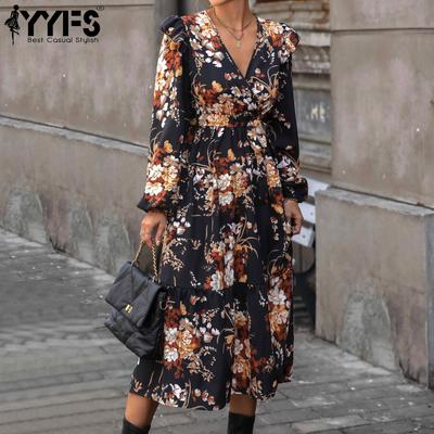 Abiti casual alla moda da donna con motivo floreale autunnale con stampa a maniche lunghe con scollo a V e vita centrale