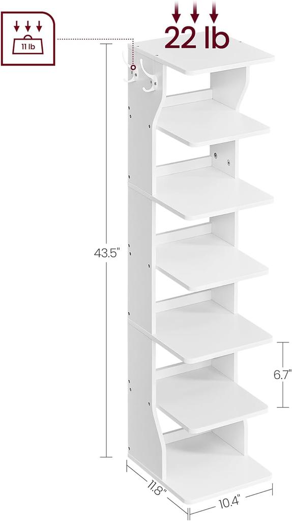 VASAGLE 7-Tier Vertical Shoe Rack, Narrow Shoe Storage Organizer with Hooks, Thin Wooden Shoe Shelf