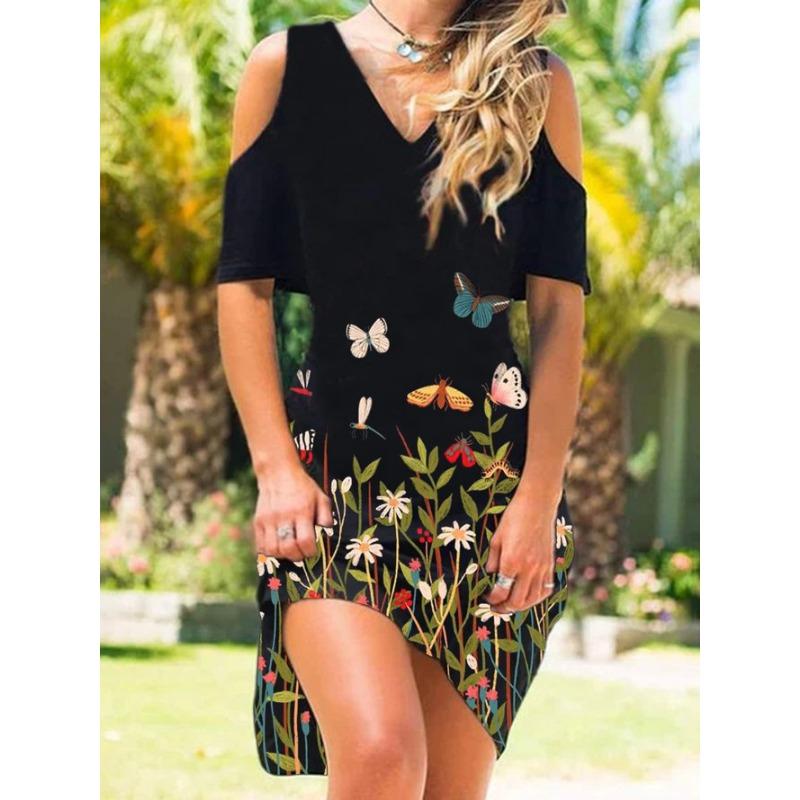 YYFS Abiti casual a vita alta con scollo a V a maniche corte con stampa floreale primaverile alla moda da donna