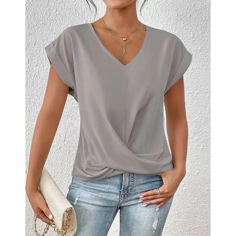 Autumn new products women's lightweight breathable V-neck T-shirt elegant knotted loose short-sleeved top women