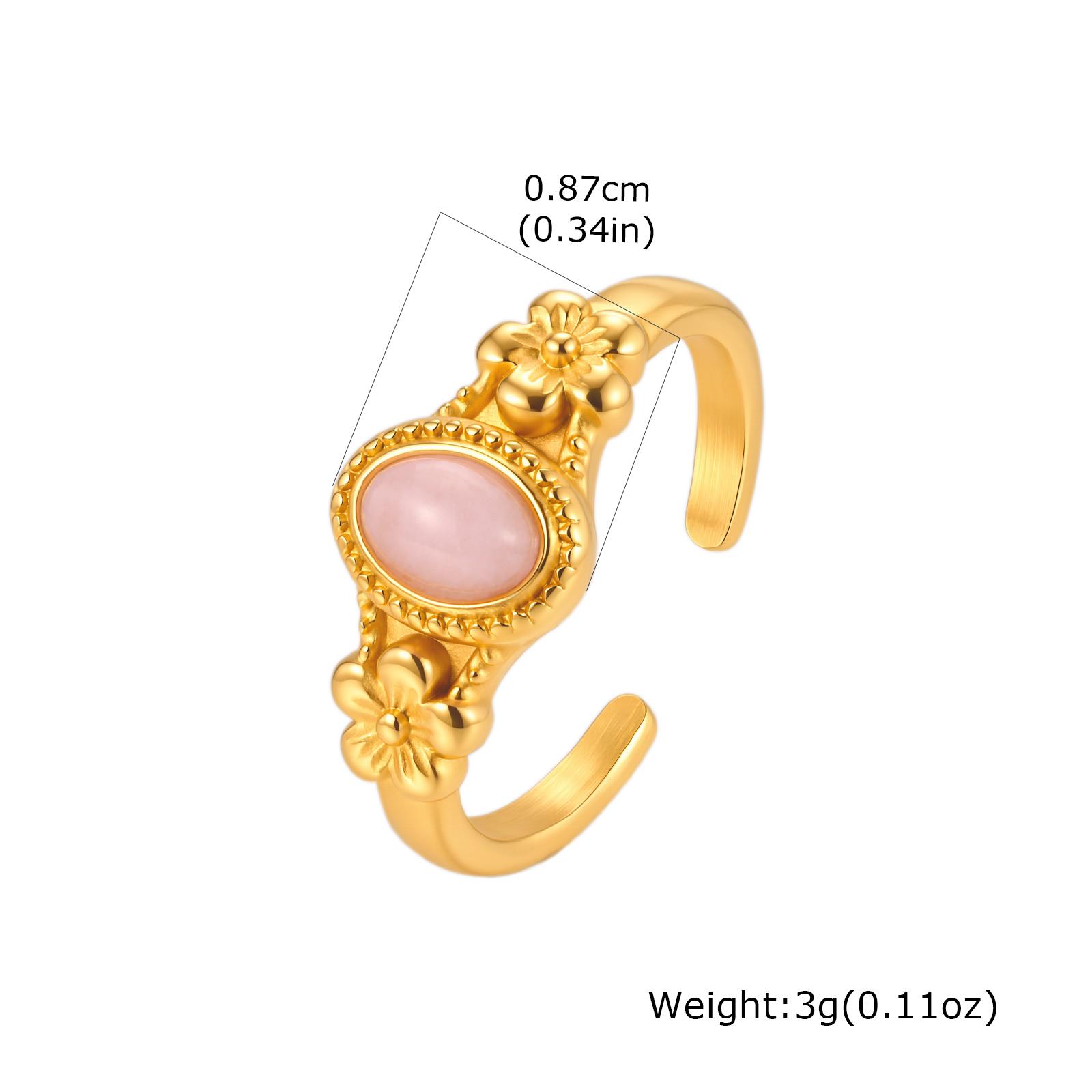 Verstellbarer offener Blumenring, Türkis Rosenquarz Naturstein, 18 Karat vergoldeter Edelstahl, Wasserdichter Schmuck für Damen US Size 9 beige