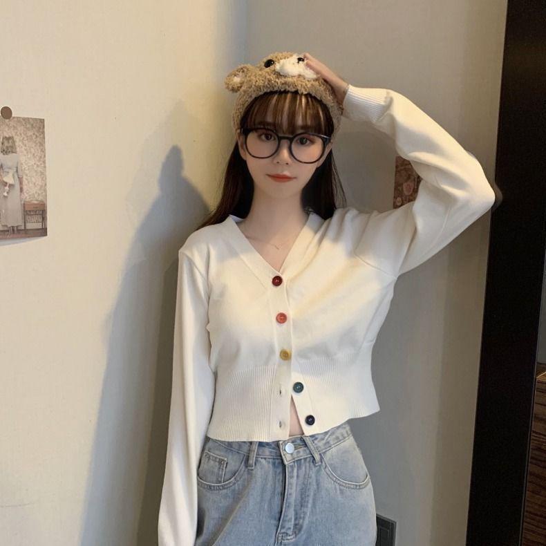 Versatile Korean V-neck Slimming Knit Cardigan - Spring/Autumn Long Sleeve Outerwear