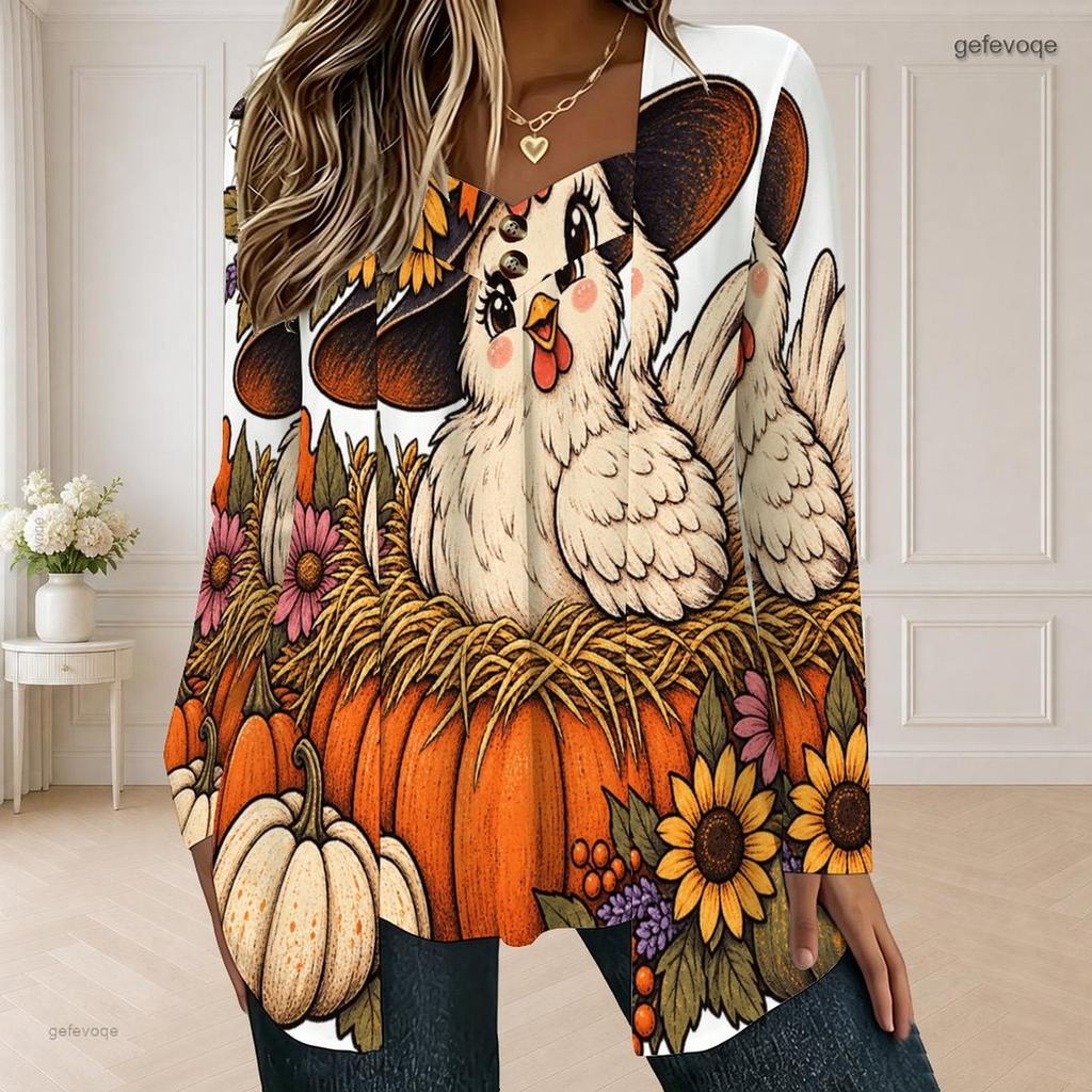 Women Plus Size Faux Two Piece Square Neck Long Sleeve Halloween Ghost Pumpkin Printed White T Shirt