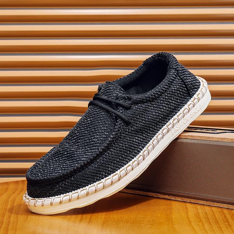 

Летние дышащие льняные тканые туфли-рыбаки, ленивые туфли, легкие, нескользящие, износостойкие мужские лоферы 44 чёрный