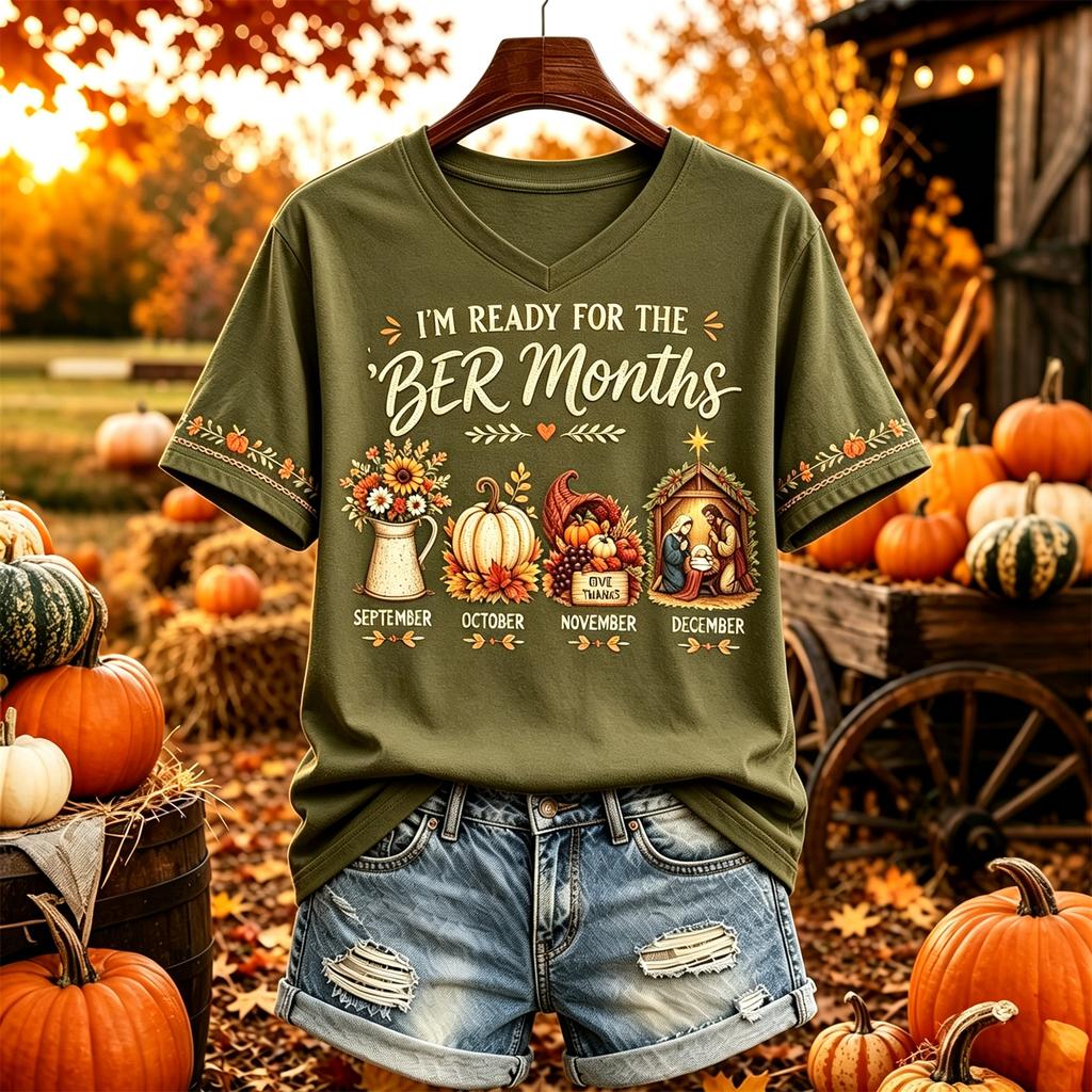 Women's Thanksgiving V-Neck Short Sleeve Printed Pullover Top