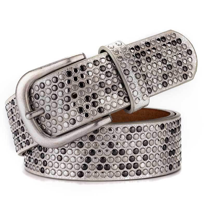 Women's Fashionable Rhinestone Black Leather Belt for Jeans and Formal Wear - Korean Style Trendy