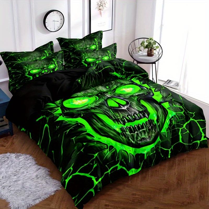Soft and Comfortable Green Light Skull Pattern Quilt Cover Set - Decorative Bedding Set for Bedroom, Guest Room and Dormitory