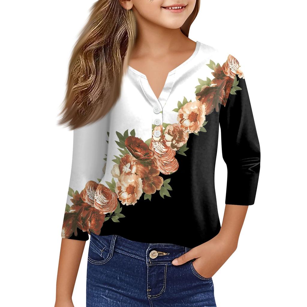 Mädchen Lässige Mode Oberteile Bedrucktes Sieben-Ärmel T-Shirt mit Knöpfen