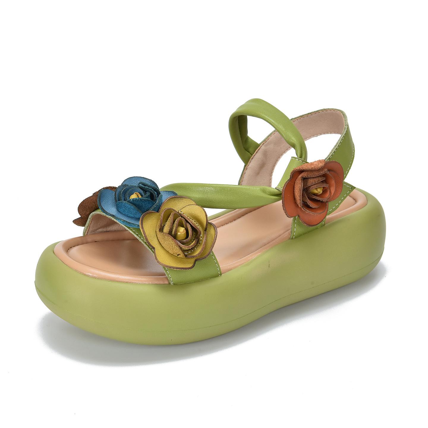 

Johnature Ретро Натуральная Кожа Цветок Римские Сандалии на Платформе Универсальная Мягкая Подошва Женская Обувь 39 зелёный