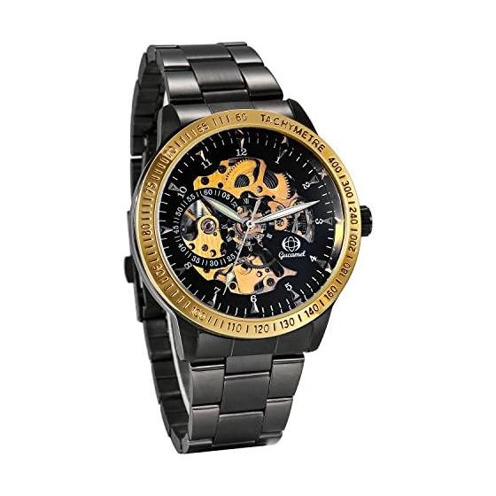 JewelryWe Men s Automatic Watch, Stylish, Waterproof, Skeleton Numbers, Analog Stainless Steel Belt, Business Casual, Popular Watch, Black, Birthday,