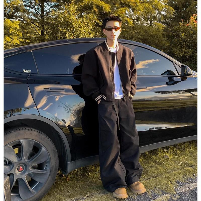 Men's Gray Woolen Bomber Jacket - Retro Baseball Style for Spring and Autumn