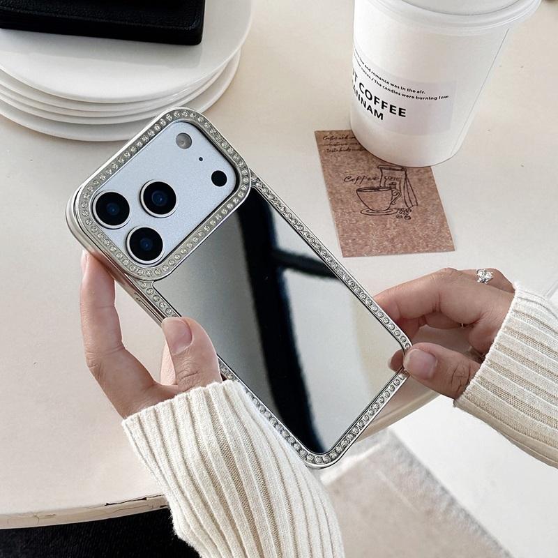 Luxury Electroplating Makeup Mirror Case For iPhone 17 16 15 14 18 Pro Max Samsung Galaxy S26 S25 S24 S23 Glitter Diamond Border Protection Back