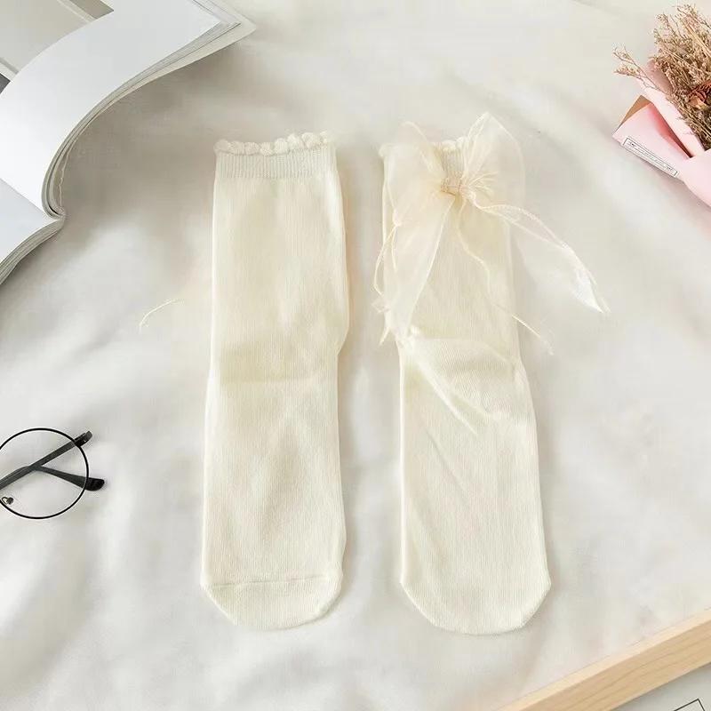 Girls Soft White Lace Lolita Socks Ribbon Bow Socks Women's Mid-Calf Cute Ruffle Frilly Ankle Socks Japanese Style Dress Hosiery