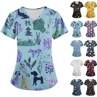 Women's Small Animal Cartoon Print Loose V-neck Pocket Short-sleeved  Uniform  Uniform