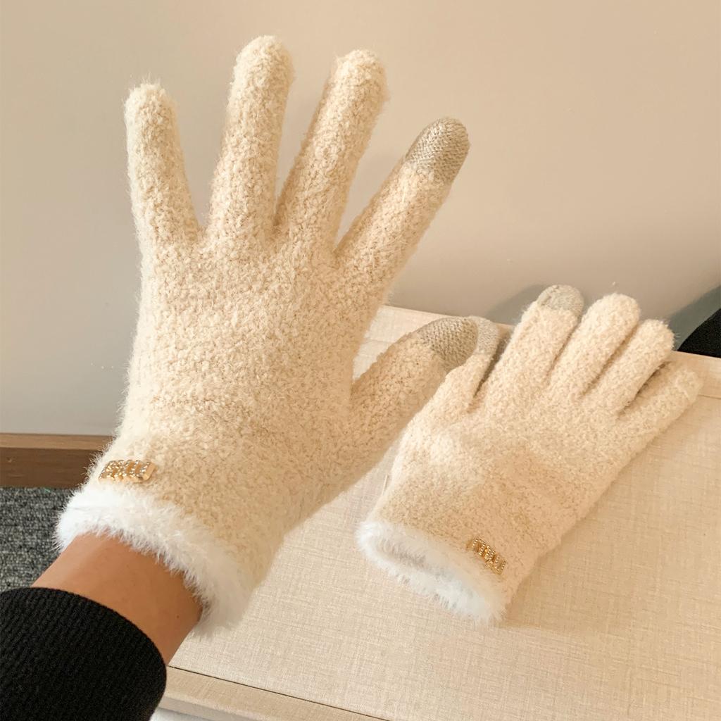 Simple solid color plush five-finger plush warm gloves women's winter versatile riding windproof and cold-proof can touch the screen students