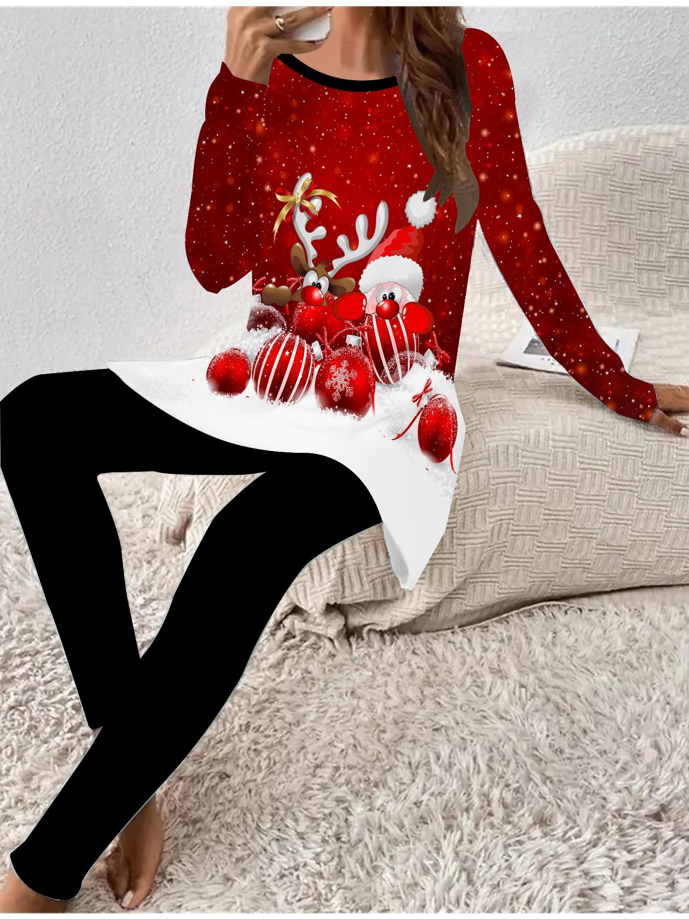 

Евро-американская мода 3D Рождественский принт Женский четырехсезонный комплект из двух предметов: футболка с длинным рукавом + длинные брюки. Идеальный подарок на Новый год и Рождество 1XL белый