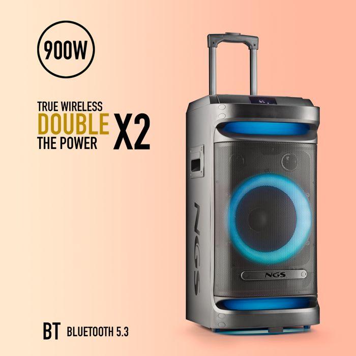 NGS WILD SPACE 1: Głośnik imprezowy 900W BT/TWS, USB/AUX, LED, wózek, 6h baterii.