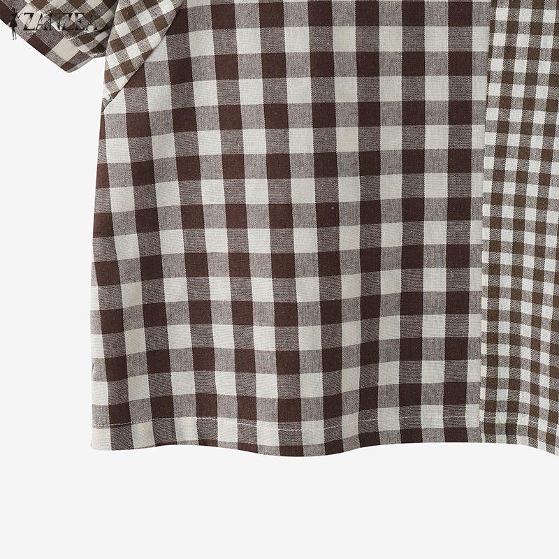 ZANZEA Women Casual Plaid Print Loose Half Sleeve Blouse