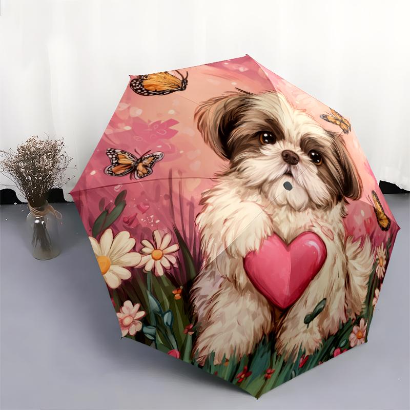 Heart and Shih Tzu pattern, automatic folding umbrella, portable and foldable design, 8 ribs, a Christmas or birthday gift.