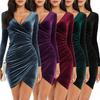 Women's Sexy Velvet Long Sleeve V Neck Mini Dress Ruched Bodycon Faux Wrap Cocktail