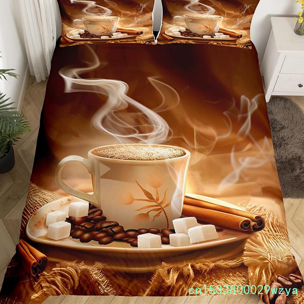 Coffee Duvet Cover Queen King Cartoon Coffee Drink Cup Print Bedding Set Coffee Lover Comforter Cover Modern Brown Quilt Cover