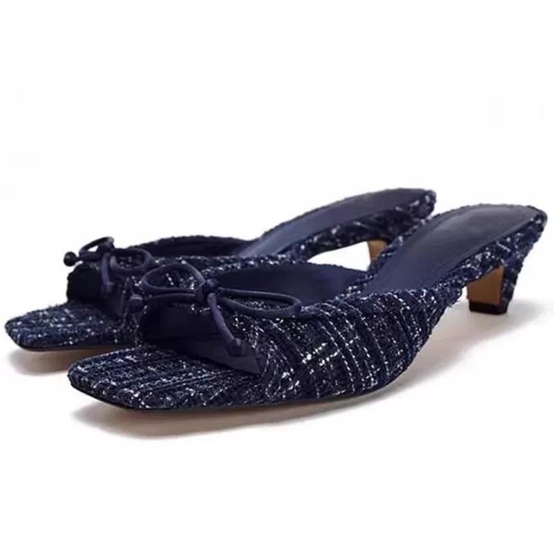 Fashion Summer 2025 New Products Women's Bow Decorated High Heeled Square Toe Mules Fashion Temperament One-word Rear Air Slippers