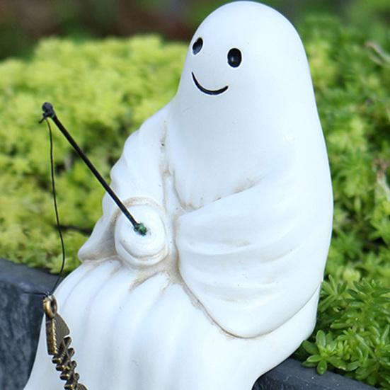 Halloween Sculpture Synthetic Resin Skeleton Fisherman Statue Mini Ghost Fishing Pond Garden Decoration