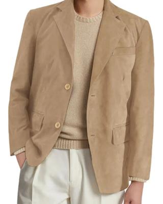 Stilfuld Formel Beklædning Håndlavet Beige Herre Suede Læder Blazer Frakke Ægte Lammeskind