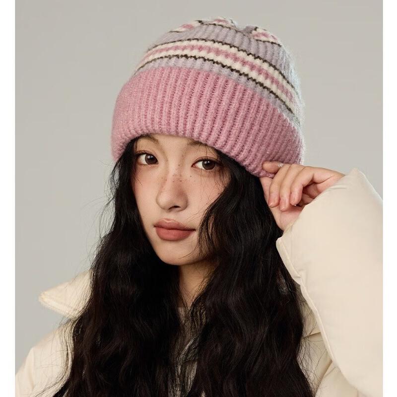 

Girls Colorful Striped Knitted Earflap Beanie M (56-58cm)