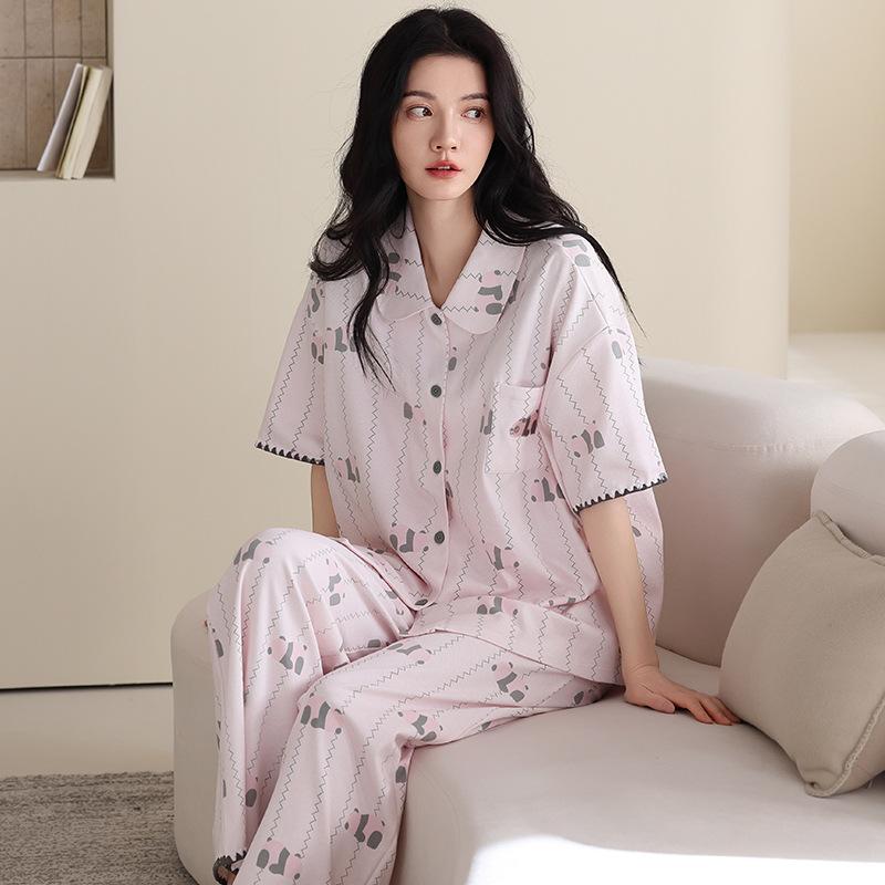 pure cotton pajamas women's summer short-sleeved trousers cartoon panda striped suit can be worn outside cotton loungewear in summer
