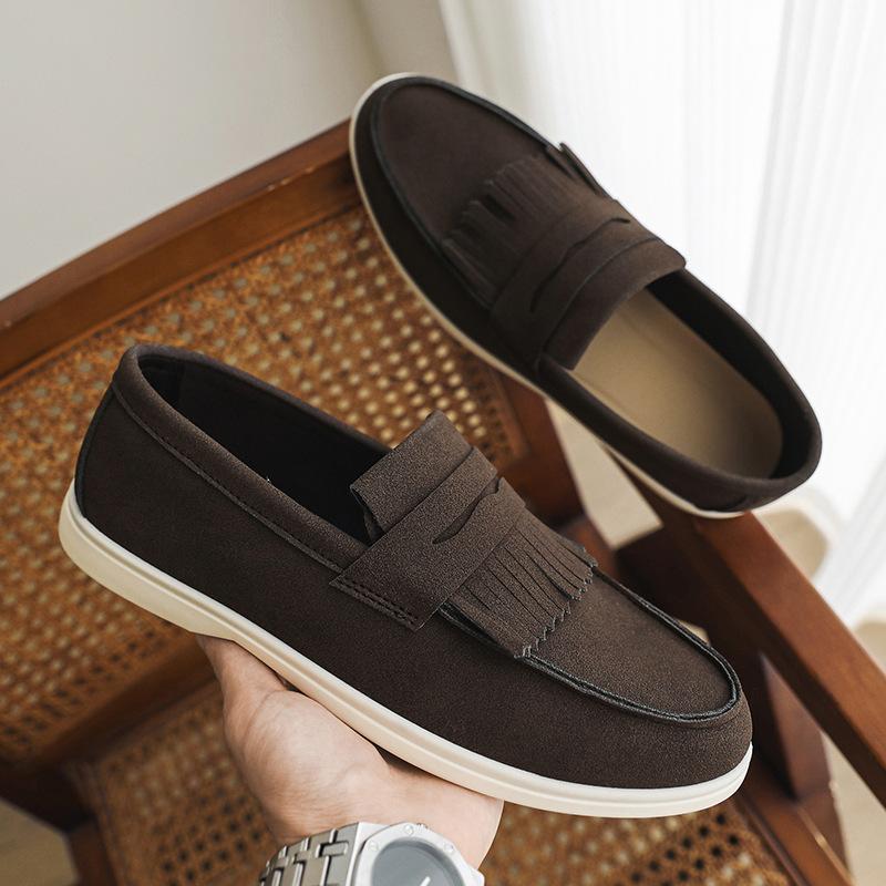 Fashion Men Flat Loafers 2025 Frosted Suede Flat Tassel Comfortable Non Slip Fashion Loafers Lightweight Trendy Outdoor Casual Shoes
