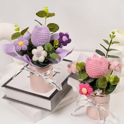 Finished Flowers Crochet Flower Bouquets Home Decor Valentine's Day Birthday Gift Knitted Tulip Bouquet Handmade