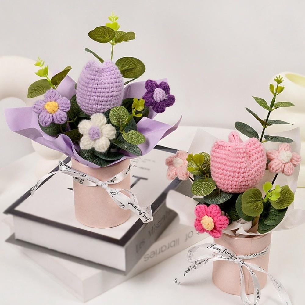 Fertige Blumen Häkelblumensträuße Heimdekoration Handgestrickter Tulpenstrauß Valentinstag Geburtstagsgeschenk