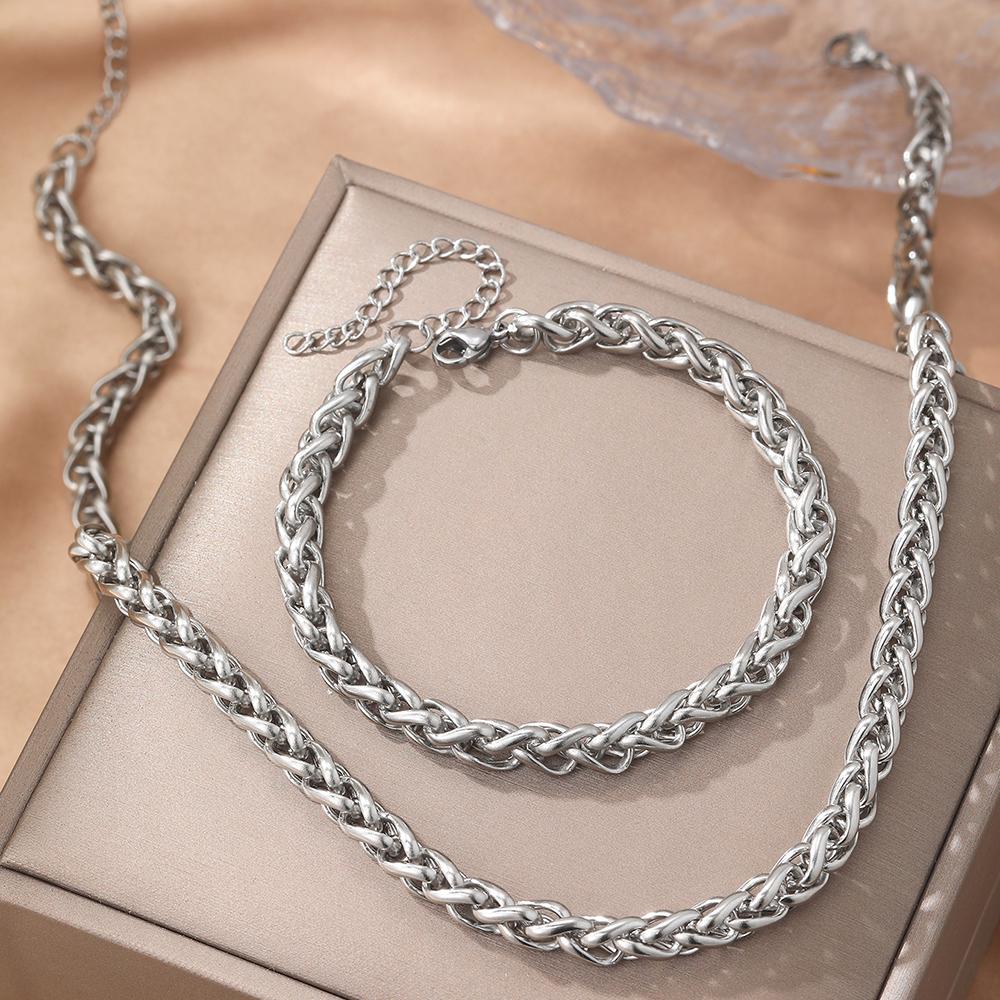 Stainless Steel Set Simple Personalized Hip Hop Chunky Chain Keel Chain Necklace Bracelet Set For Women Zircon Daily Matching