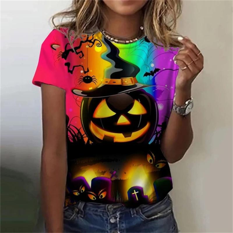 

Хэллоуин Забавная тыква с 3D принтом Y2k Модная женская базовая футболка Элегантная винтажная с коротким рукавом Элегантная повседневная удобная футболка XL