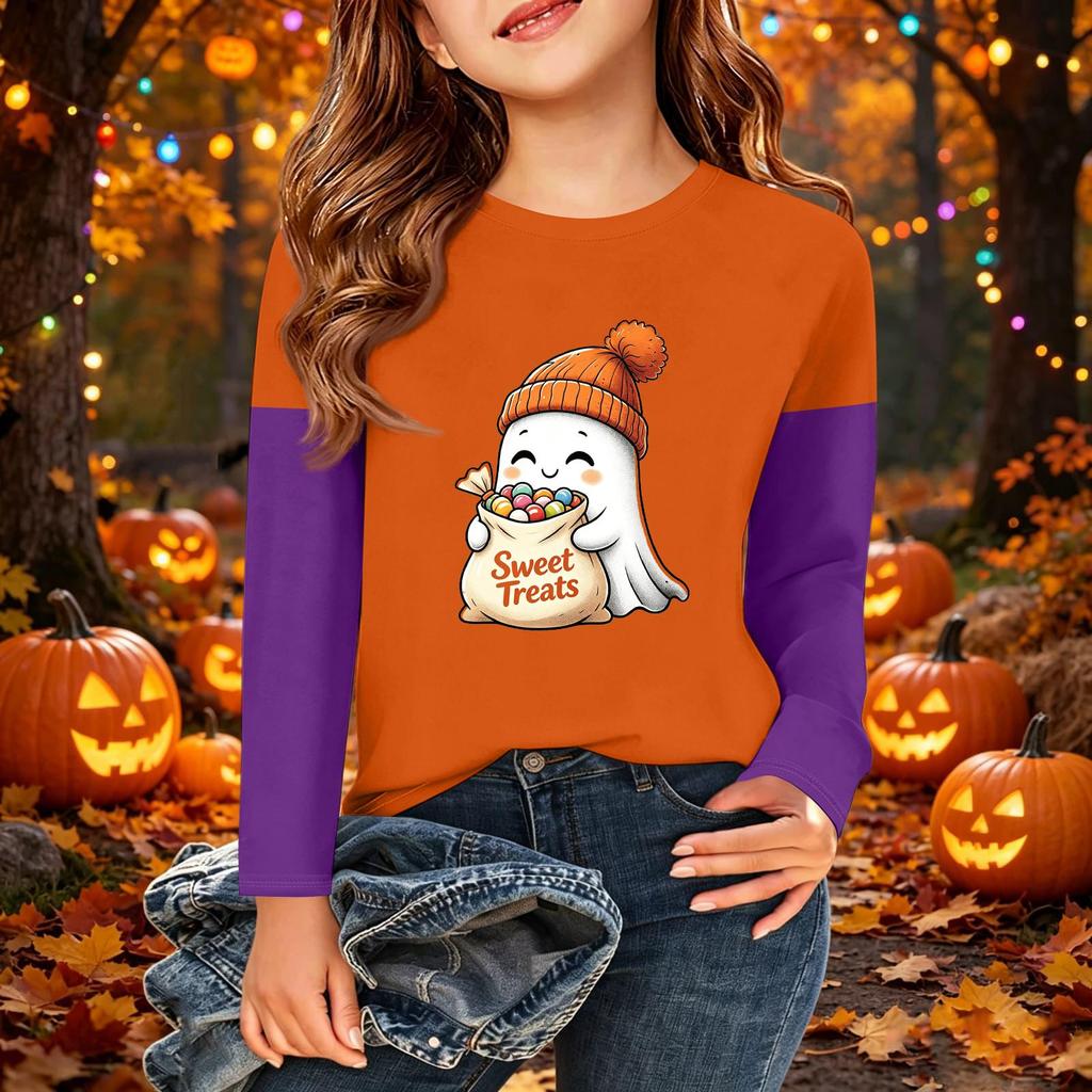 Kids Halloween Print Long Sleeve Neck T-Shirt Casual Top for Boys Girls
