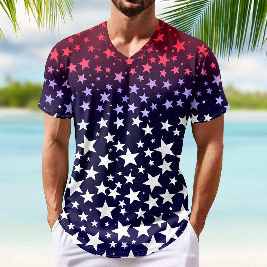Summer Men's Popular T-shirt Printed V-neck Short Sleeved T-shirts