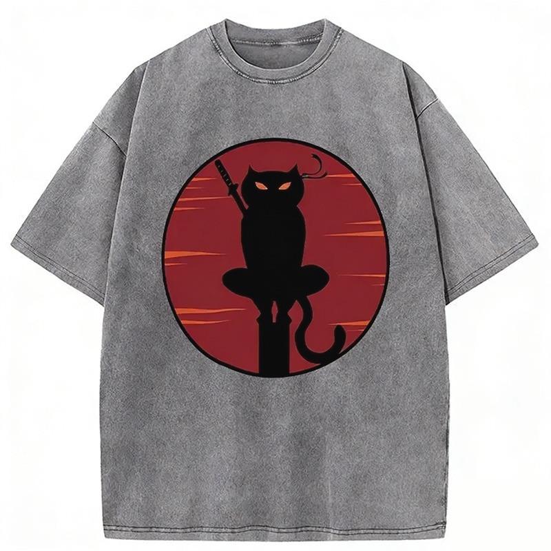 

Japanese Ninja Black Cat Washed Tshirt Fashion Mens Short Sleeve Oneck Harajuku HipHop Tunics Summer Casual Loose Tops S