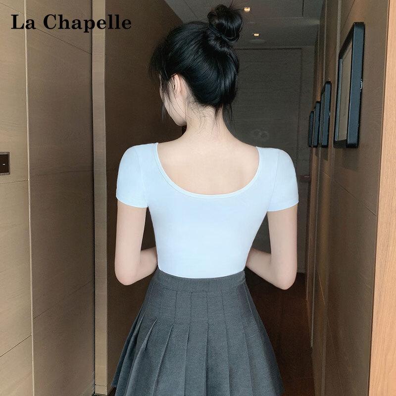 La Chapelle Women's American Style Double U-Neck Slim-Fit Short Sleeve T-Shirt