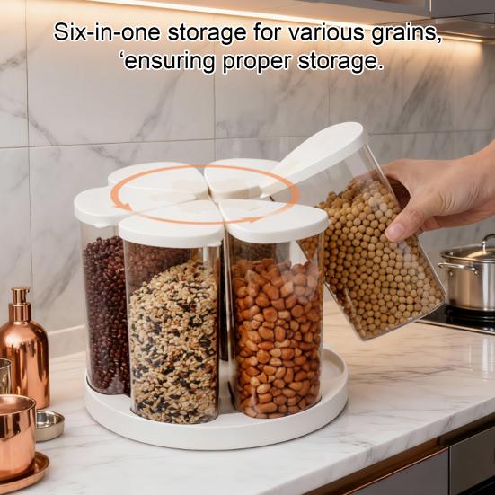 360-Degree Rotating Grain Dispenser Dry Food Storage Bin with Lids Cereal Dispenser with 6 Sealed Containers for Rice Beans Pasta Flour Oats Pantry